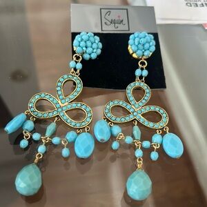 Sequin faux turquoise bead chandelier earrings. Sold at Neiman Marcus